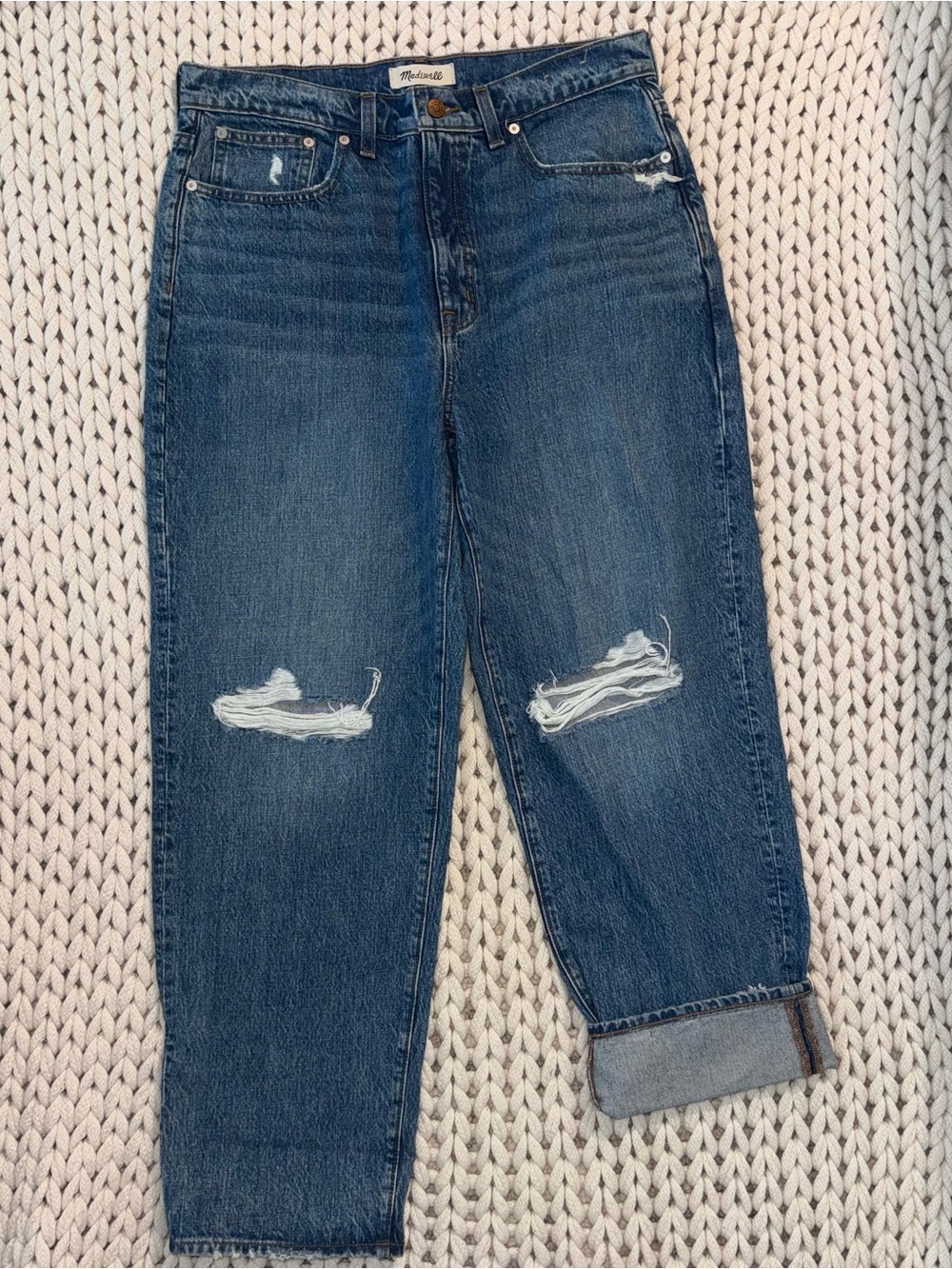 Madewell Dark Blue Distressed Dad Jeans